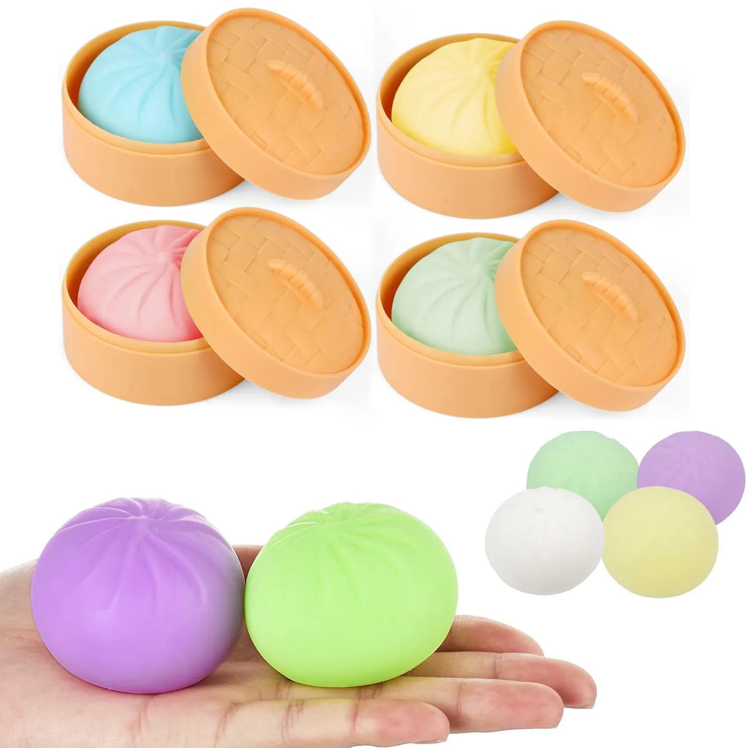 Colorful Dumpling Squishes Stress Balls Fidget Sensory Toys Simulation Food Squishies Bun with Steamer Squeeze Dough Ball Gifts